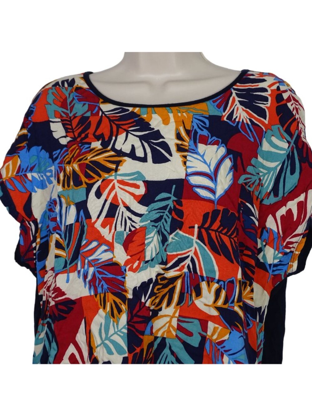 Lavish Blue Multicolor Leaf Print Top Women Size L Crisscross Back Detail - Picture 2 of 6